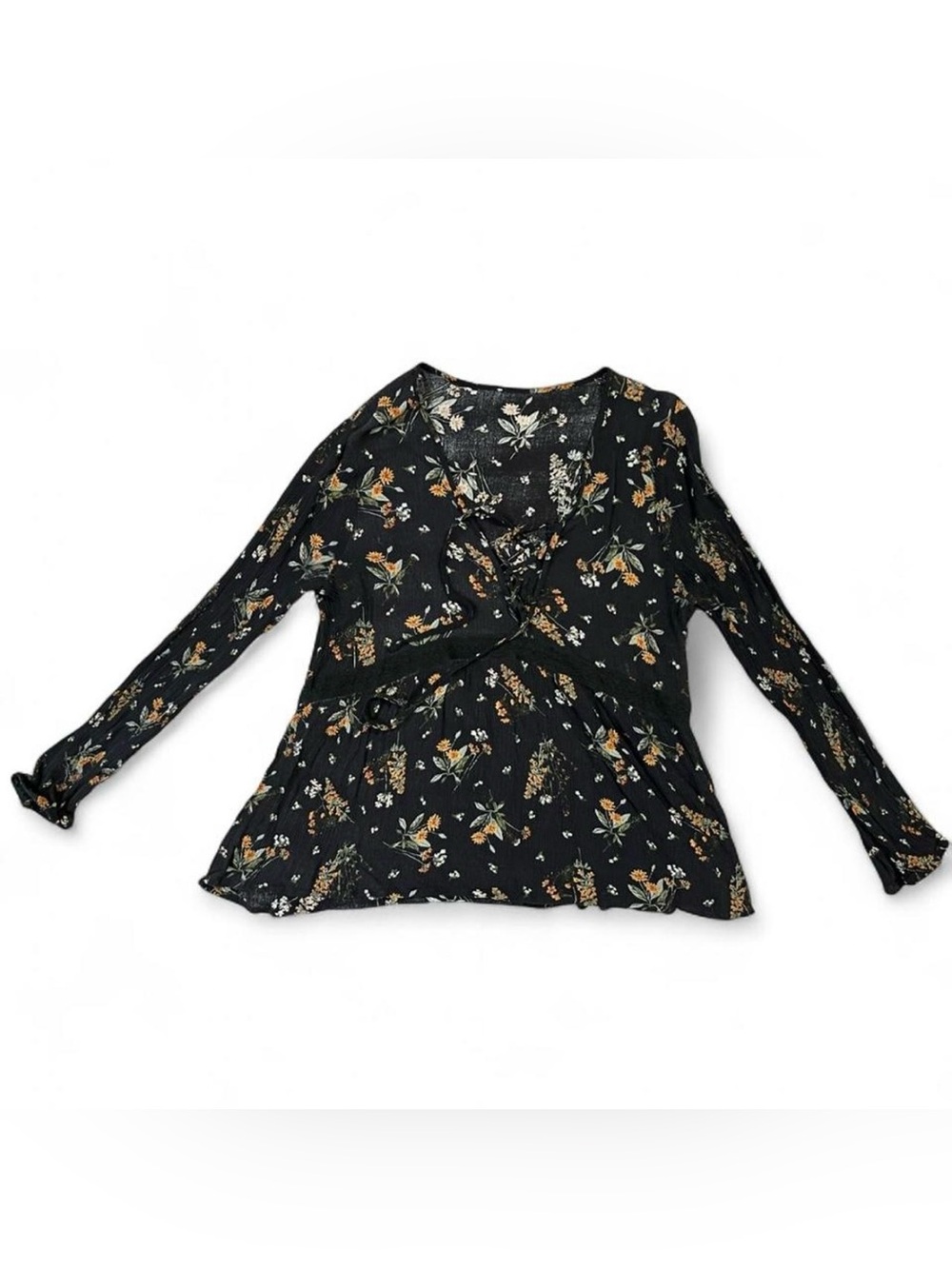Tilly's Black Floral Wrap-Style Long Sleeve Blouse